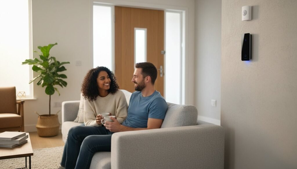 Smiling couple relaxing on living room sofa.