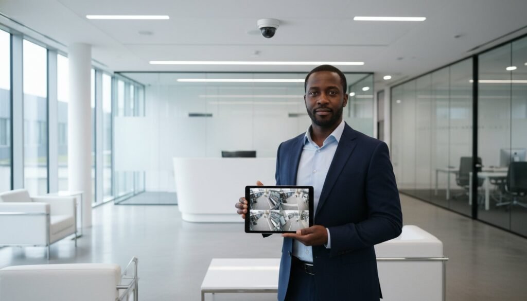 Businessman displays office security camera feed
